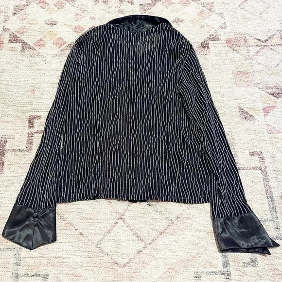 Y2K Black and silver striped sheer button up shirt size 14 - Picture 10 of 10